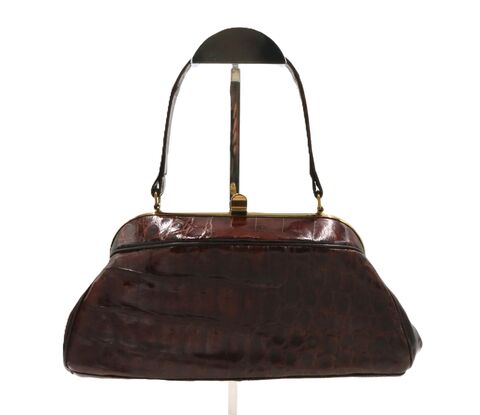 Vintage,40s-50s,-,BASS,Brown,ALLIGATOR,Structured,Handbag,Mid,Century,Bass, alligator, crocodile, brown, vintage handbag, vintage purse, tan, leather, gold, coin purse, Mid Century
