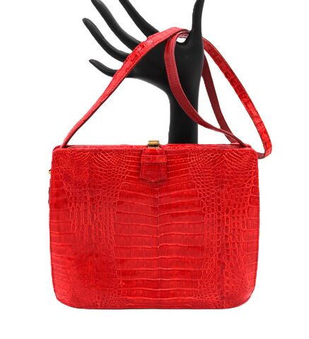 Vintage,Small,-,LUC,BENOIT,Red,Crocodile,Handbag,Shoulder,bag,GERMANY,Luc Benoit, vintage shoulder bag, vintage handbag, vintage purse, alligator, crocodile, red, leather, gold, gift, mid century modern