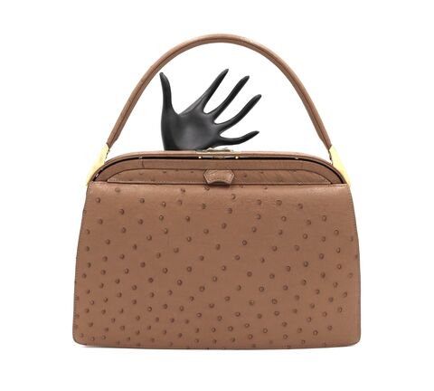 Vintage,-,LORENZI,Tan,OSTRICH,Skin,Dome,Handle,Handbag,Lorenzi, ostrich, skin, vintage handbag, vintage purse, tan, leather, gold, 80s, 90s