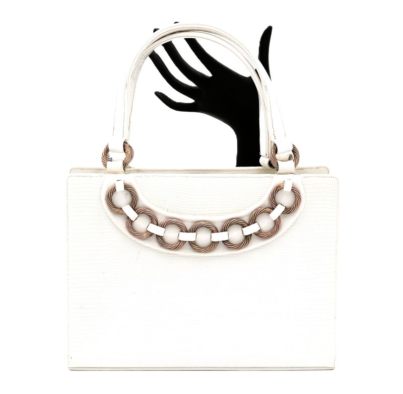 Small 50s-60s - MARTIN VAN SCHAAK - White Double Handled LIZARD Skin Handbag - product images  of 