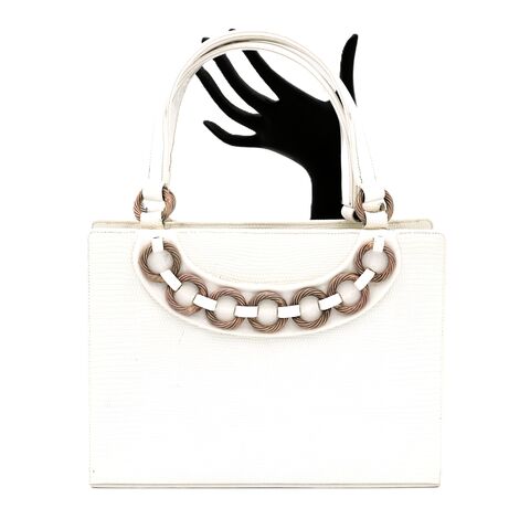 Small,50s-60s,-,MARTIN,VAN,SCHAAK,White,Double,Handled,LIZARD,Skin,Handbag,Martin Van Schaak, lizard, skin, white, leather, gold, vintage handbag, vintage purse, 50s-60s, mid century