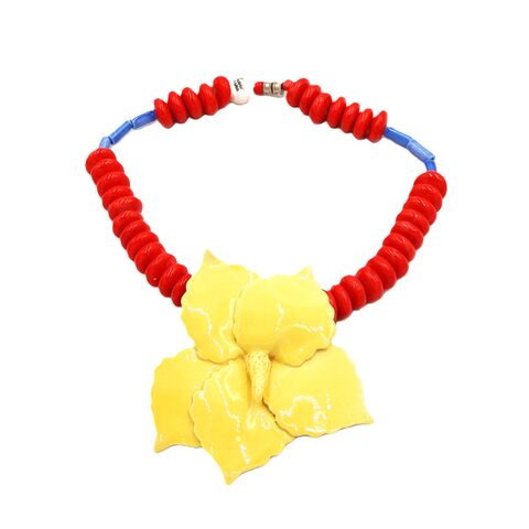 Vintage,-,PARROT,PEARLS,Ceramic,Flower,and,Bead,Necklace,Retro,Parrot Pearls, vintage necklace, vintage jewelry, ceramic, flower, bead, yellow, blue, red, retro, 70s