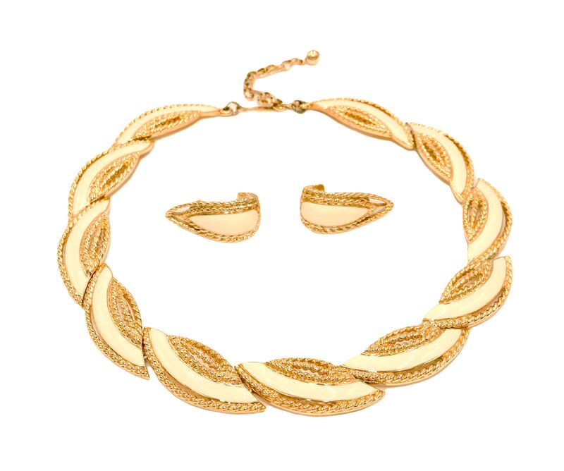 Vintage - TRIFARI - Buff Tan Enamel and Gold Toned Necklace and Earring Set - product images  of 
