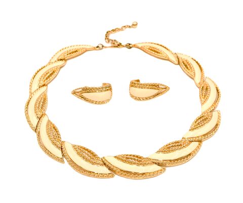 Vintage,-,TRIFARI,Buff,Tan,Enamel,and,Gold,Toned,Necklace,Earring,Set,Trifari, vintage necklace, vintage earrings, enamel, tan, buff, gold, mid century modern, vintage jewelry