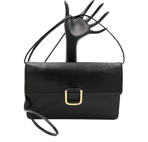 Vintage,-,GIVENCHY,Small,Black,Leather,Lizard,Embossed,Shoulder,Cross,Body,bag,80s-90s,Givenchy, vintage handbag, vintage purse, vintage shoulder bag, black, lizard, leather, fabric, 80s, 90s, Paris, gold