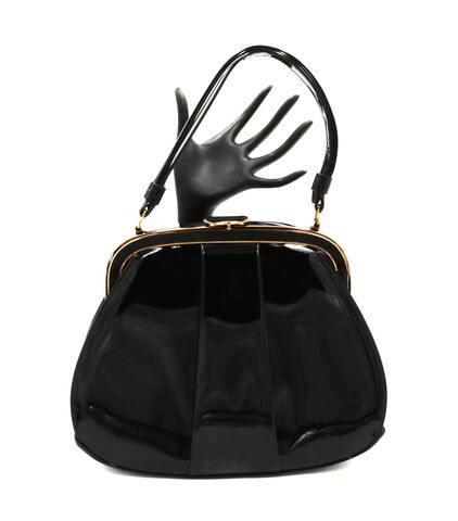 Vintage,-,LEWIS,Black,Patent,Leather,Handbag,Mid,Century,Lewis, vintage handbag, vintage purse, patent leather, gold, black, top handle, satin, mid century, 50s, 60s