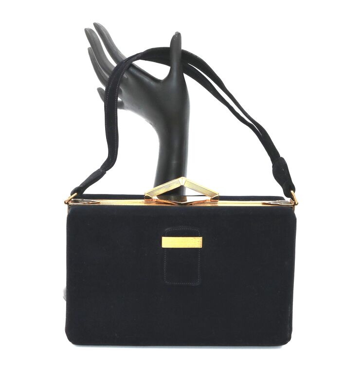 Vintage 50s - EVANS ELEGANCE - Black Suede Like Boxy Handbag Satchel - Mid Century - - product images  of 