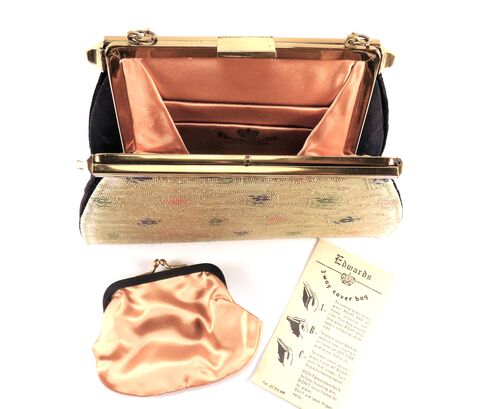 Vintage,-,EDWARDS,LTD,3,in,1,Silk,Faille,Handbag,Purse,Mid,Century,Edwards, vintage handbag, vintage purse, gold, peach, 3 in 1, chain, black, silk, faille, retro, mid century, satin, velvet