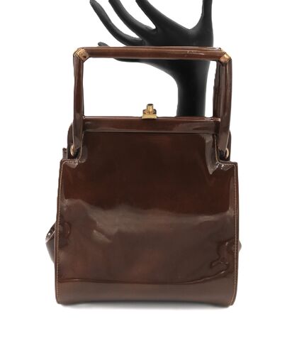 Vintage,-,LEWIS,Petite,Brown,Patent,Leather,Structured,Handbag,Mid,Century,Lewis, crown, vintage handbag, vintage purse, patent leather, gold, brown, top handle, petite, gift, mid century
