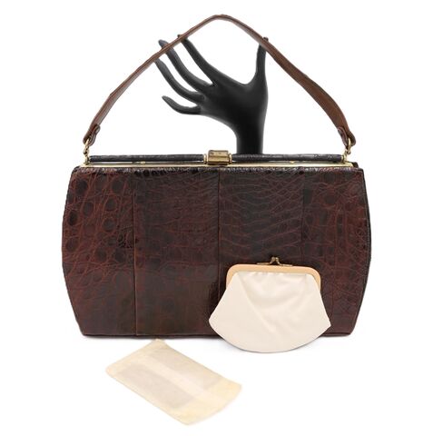 Vintage,-,SYDNEY,of,CALIFORNIA,Brown,Structured,ALLIGATOR,Handbag,Sydney, California, alligator, crocodile, vintage handbag, purse, brown, leather, off white