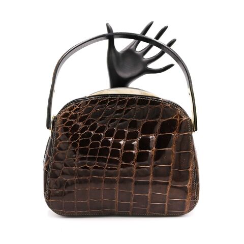 Vintage,-,MAURO,GOVERNA,Small,Brown,CROCODILE,Top,handle,Handbag,2000s,Mauro Governa, vintage handbag, vintage purse, crocodile, suede, leather, brown, silver, 2000s