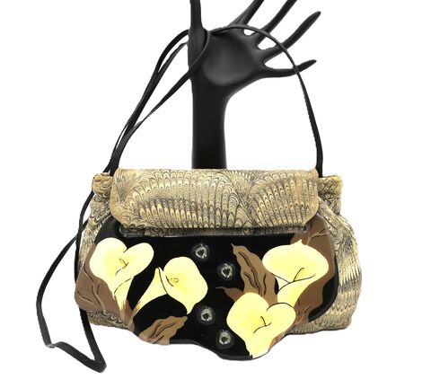Vintage,-,MOON,BAGS,Patricia,Smith,Fabric,Clutch,Shoulder,Bag,RETRO,80s-,Moon Bag, Patricia Smith, vintage handbag, vintage purse, vintage shoulder bag, tan, brown, black, fabric, 80s, lacquer, calla lily