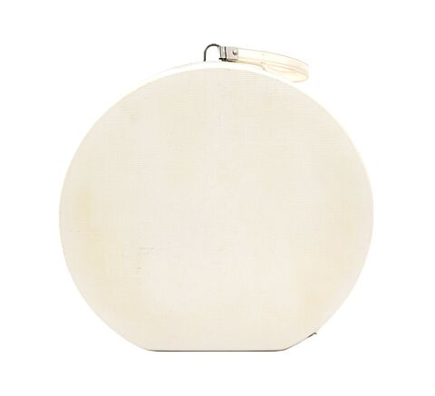 Vintage,-,KEENE,Off,White,Round,Hat,Box,Train,Case,Mid,Century,Keene, vintage train case, vintage hat case, vintage bag, mid century, off white, vinyl, teal, 50s, 60s