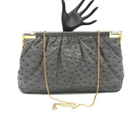 Vintage,-,FIORENZA,Large,Grey,OSTRICH,Skin,Clutch,Shoulder,Bag,Fiorenza, ostrich skin, grey, vintage clutch, vintage shoulder bag, purse, leather, metal, chain