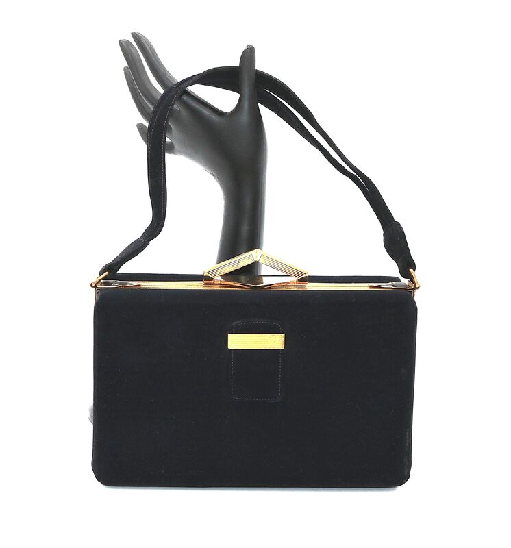 Vintage 50s - EVANS ELEGANCE - Black Suede Like Boxy Handbag Satchel - Mid Century - - product images  of 