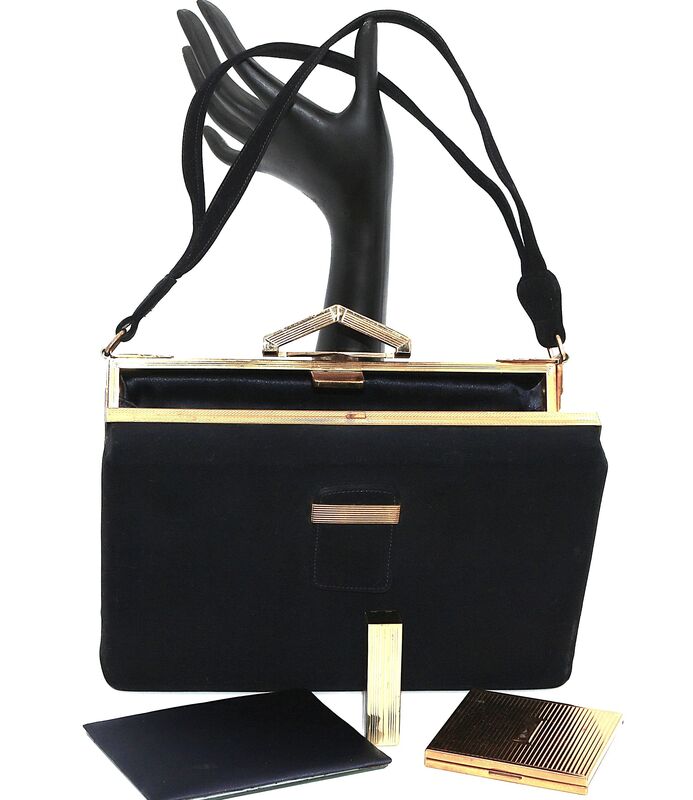 Vintage 50s - EVANS ELEGANCE - Black Suede Like Boxy Handbag Satchel - Mid Century - - product images  of 