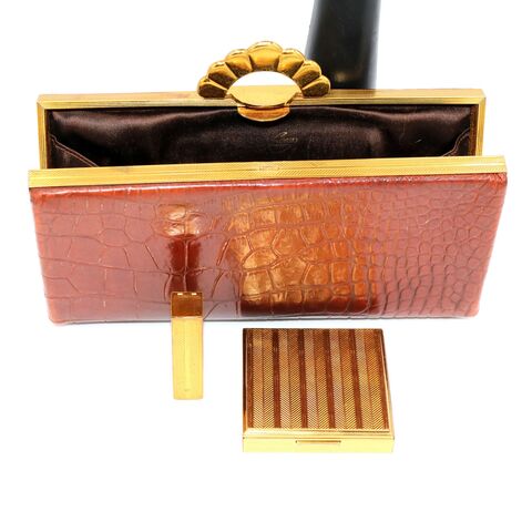 Vintage,40s-50s,-,EVANS,ELEGANCE,Rust,Leather,ALLIGATOR,Embossed,Fitted,Clutch,Evans Elegance, 40s, 50s, rust, fitted, clutch, vintage handbag, leather, compact, lipstick