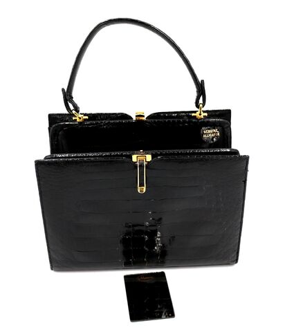 Vintage,50s-60s,-,MANON,Black,Alligator,Structured,Handbag,Mid,Century,Manon, alligator, vintage handbag, vintage purse, gold, leather, structure, black, mid century, 50s, 60s