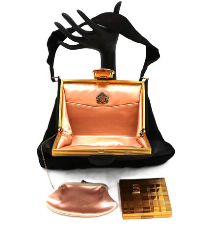 Vintage,40s,-,EVANS,ELEGANCE,Black,Silky,Faille,Handbag,with,Accessories,Evans Elegance, 40s, black, vintage handbag, vintage purse, fabric, coin purse, compact, mid century