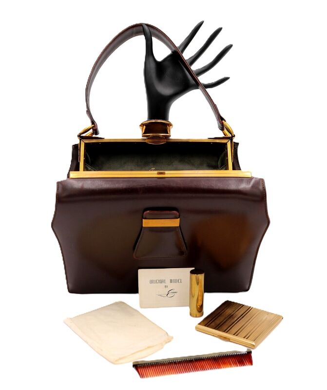 Vintage 50s - EVANS ELEGANCE - Brown Leather Fitted Structured Handbag - MCM - - product image