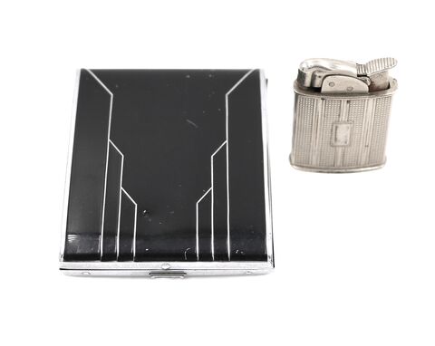 Vintage,40s-50s,-,EVANS,Cigarette,Case,and,Lighter,Art,Deco,#1,Evans Elegance, vintage cigarette case, vintage lighter, silver, black, 40s, 50s, art deco, enamel, mid century