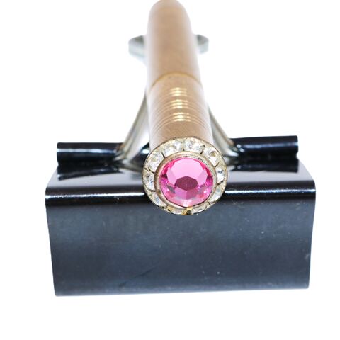 Vintage,-,CLEOPATRA,Brushed,Gold,Toned,Jeweled,Top,Lipstick,Lighter,50-60s,Mid,Century,Cleopatra, lipstick lighter, vintage lighter, gold, jewel, rhinestone, pink, mid century, 60s-50s, 