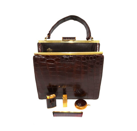 Rare,50's,-,EVANS,ELEGANCE,Brown,ALLIGATOR,Structured,Handbag,Beautiful,Evans Elegance, alligator, 50s, brown, vintage handbag, vintage purse, leather, lighter, compact, lipstick, comb, mid century