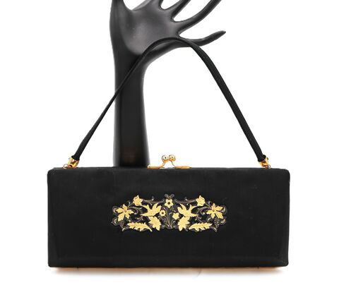 Vintage,Black,Fabric,-,MINAUDIERE,VANITY,CASE,Filigree,Front,Mid,Century,Minaudiere, vintage vanity case, vintage purse, vintage bag, metal, gold, compact, mid century