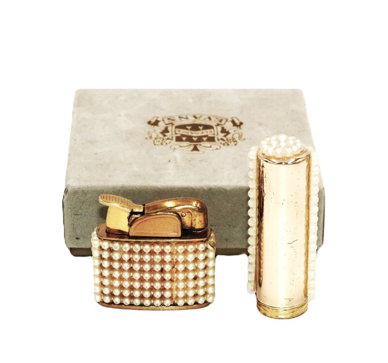Vintage 50s - EVANS - Gold Toned Faux Pearl Rhinestone Lipstick and Lighter Set - Mid Century - product images  of 