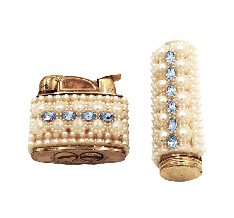 Vintage 50s - EVANS - Gold Toned Faux Pearl Rhinestone Lipstick and Lighter Set - Mid Century - product images  of 