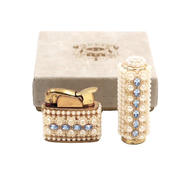 Vintage 50s - EVANS - Gold Toned Faux Pearl Rhinestone Lipstick and Lighter Set - Mid Century - product images  of 