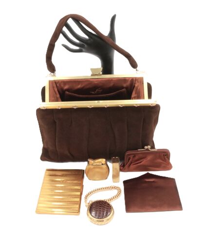 Vintage,40s-50s,-,EVANS,ELEGANCE,Brown,Suede,Fitted,Handbag,Accessories,Evans Elegance, 40s, 50s, suede, brown, fitted, vintage purse, vintage handbag, leather, compact, lipstick, cigarette case, coin purse, mirror, lighter, mid century
