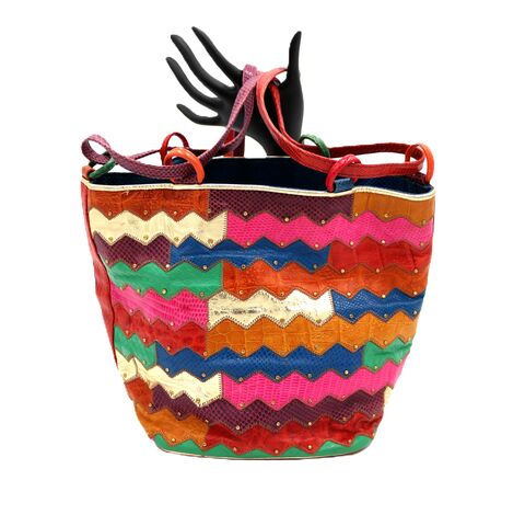 Vintage,-,SHARIF,Multi-Color,Snake,Leather,Drawstring,Shoulder,Bag,80s-90s,Retro,Sharif, snake, vintage shoulder bag, vintage handbag, vintage purse, 80s,90s, retro, drawstring, orange, pink, blue, silver, purple, green