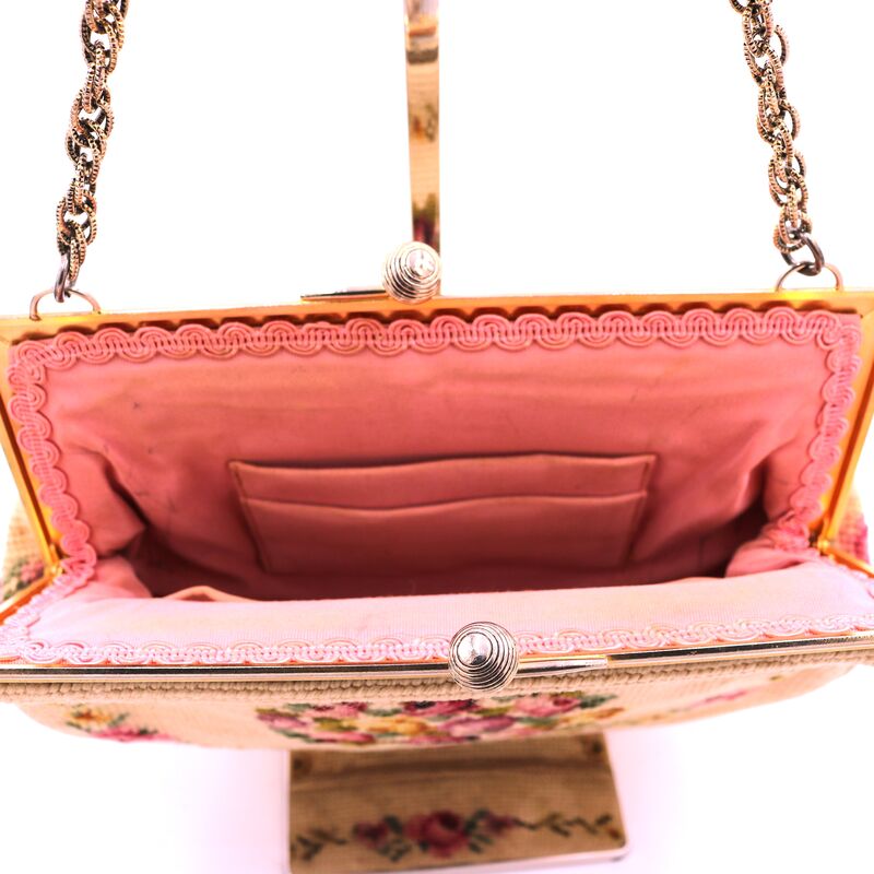 Vintage 40s-50s Tan - NEEDLEPOINT - Roses leaves Framed Handbag - Mid Century - product images  of 