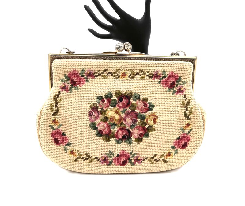 Vintage 40s-50s Tan - NEEDLEPOINT - Roses leaves Framed Handbag - Mid Century - product images  of 
