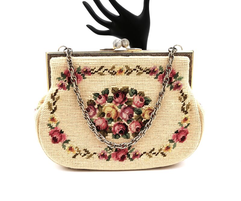 Vintage 40s-50s Tan - NEEDLEPOINT - Roses leaves Framed Handbag - Mid Century - product images  of 