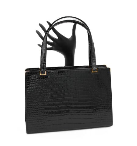 Vintage,-,Saks,Fifth,Avenue,Black,Alligator,Embossed,Leather,Handbag,Mid,Century,France,Saks Fifth Avenue, black, alligator, embossed, vintage handbag, vintage purse, mid century, retro, France,.