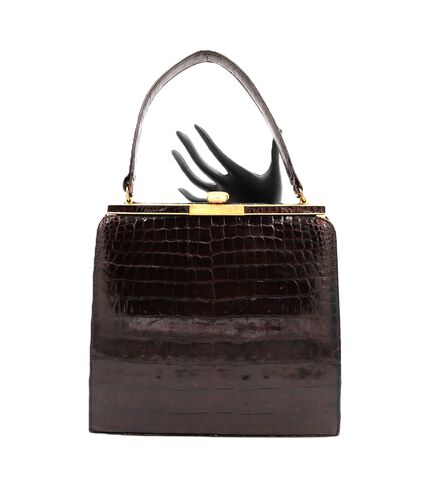 Vintage,-,BELLESTONE,Brown,Structured,ALLIGATOR,Handbag,50s-60s,Mid,Century,Bellestone, alligator, skin, vintage handbag, vintage purse, gold, leather, structure, brown, mid century, beige, 50s, 60s