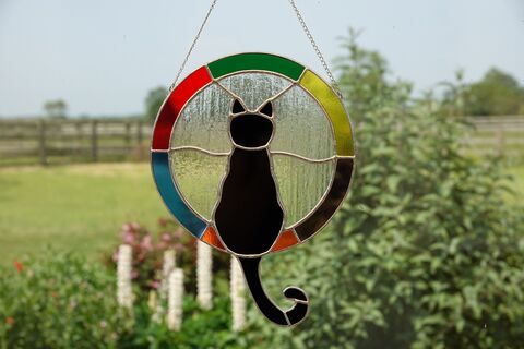 Cat,Round,Sitting,Hanger,-,Rainbow,Surround,Suncatcher, Gift, Home Decoration, Cat, Silhouette