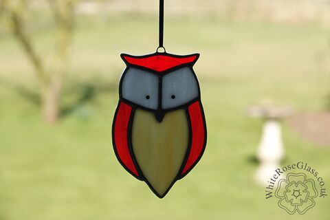 Owl,Cartoon,Suncatcher,-,Red, Gift, Home Decoration, British Birds, Owl, Cartoon