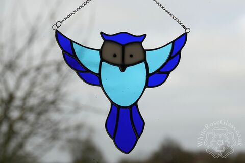 Owl,Flying,Cartoon,-,Blue/Blue,Suncatcher, Gift, Home Decoration, British Birds, Owl, Cartoon