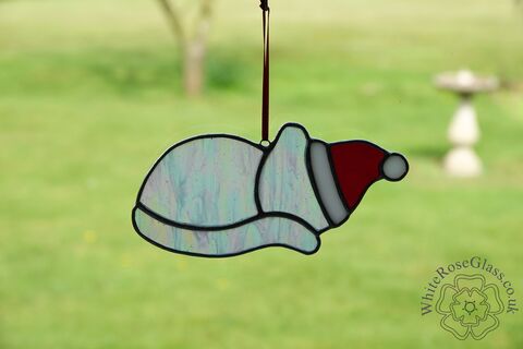 Cat,Christmas,Sleeping,2,-,Pearl,White,Suncatcher, Gift, Home Decoration, Kitten, Cat, Sleeping, Curled up, Christmas