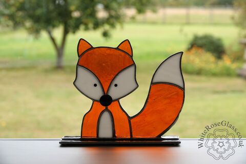 Large,Freestanding,Sitting,Fox,Cartoon,Wild Animals, Suncatcher, Stained Glass, Glass Ornament, Home Decoration, Sitting Fox, Cartoon