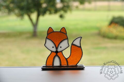 Freestanding,Small,Cartoon,Sitting,Fox,Wild Animals, Suncatcher, Stained Glass, Glass Ornament, Home Decoration, Sitting Fox, Cartoon