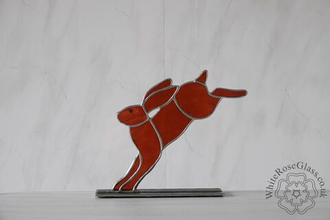 Freestanding,Large,Leaping,Hare,-,Plain,Amber,Suncatcher, Stained Glass, Glass Ornament, Home Decoration, Leaping Hare, Wildlife