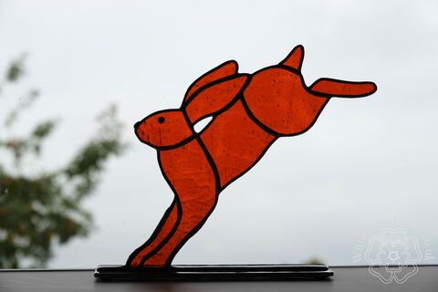 Freestanding,Large,Leaping,Hare,-,Plain,Amber,Suncatcher, Stained Glass, Glass Ornament, Home Decoration, Leaping Hare, Wildlife