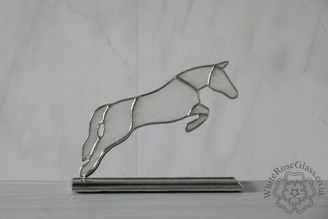 Freestanding,Jumping,Horse,-,Cloudy,White,Suncatcher, Gift, Home Decoration, Glass Ornament, Horse, Pony, Eventing, Jumping