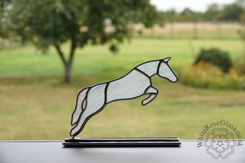 Freestanding,Jumping,Horse,-,Cloudy,White,Suncatcher, Gift, Home Decoration, Glass Ornament, Horse, Pony, Eventing, Jumping