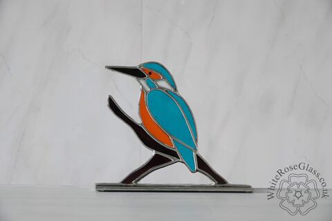 Freestanding,Kingfisher,On,Branch,Wild Animals, Suncatcher, Stained Glass, Glass Ornament, Home Decoration, Kingfisher, British Birds