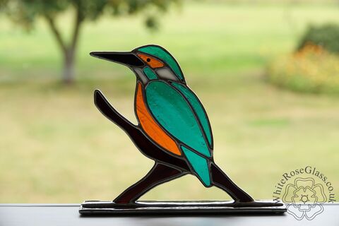 Freestanding,Kingfisher,On,Branch,Wild Animals, Suncatcher, Stained Glass, Glass Ornament, Home Decoration, Kingfisher, British Birds